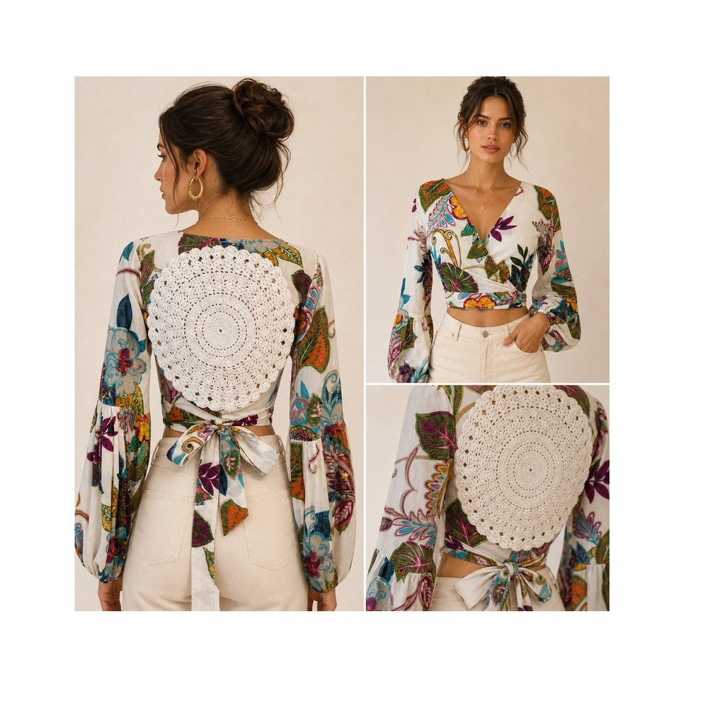 Raga Wrap Crop Top XS Crochet Back Boho Chic Tropical Floral Bell Sleeve Beach